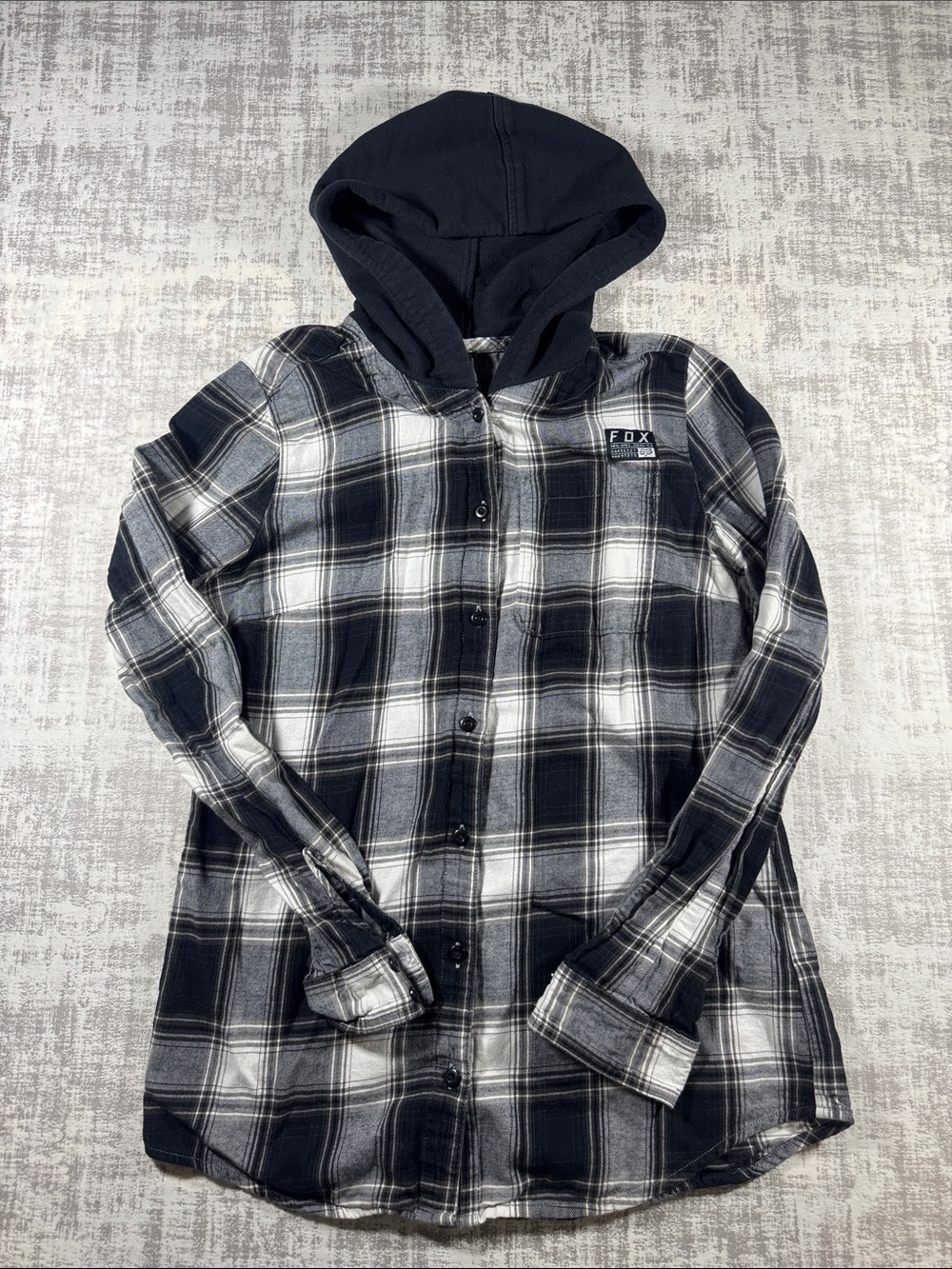 Fox Mens Black & White Plaid Hooded Flannel Jacket size XS 25X17.5PTP unisex